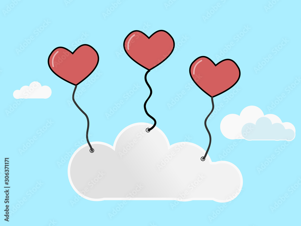 Red heart Hot air with cloud on blue sky background.