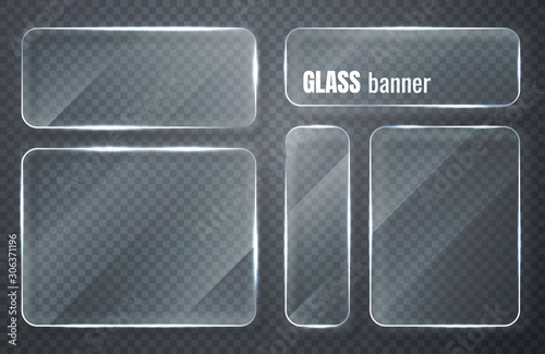 Glass plates set. Glass banners on transparent background. Flat glass clear window. Vector illustration