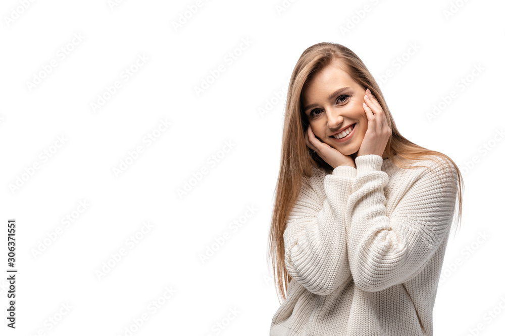 attractive cheerful posing in white sweater, isolated on white attractive cheerful posing in white sweater, isolated on white