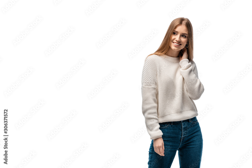 attractive happy in jeans and white sweater, isolated on white attractive happy in jeans and white sweater, isolated on white