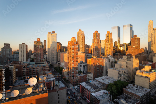 Hell's Kitchen panorama skyline and the 8th Avenue at sunset, Midtown Manhattan, New York City