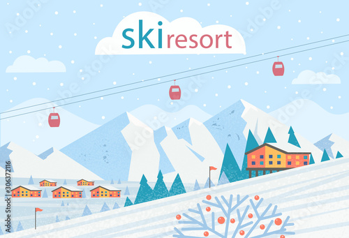 Ski resort. Winter landscape with ski lift, mountains, houses. Vector flat illustration.