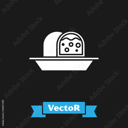 White Marzipan sponge cake icon isolated on black background. Merry Christmas and Happy New Year. Vector Illustration