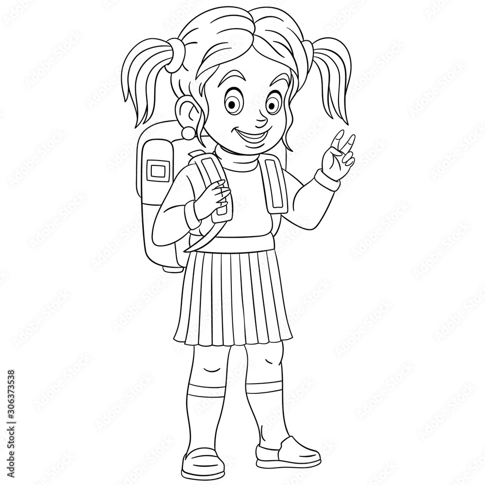 coloring page with schoolgirl with backpack