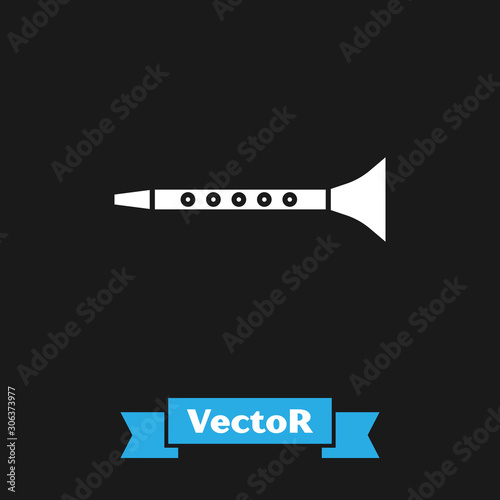 White Clarinet icon isolated on black background. Musical instrument. Vector Illustration