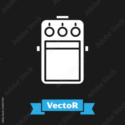 White Guitar pedal icon isolated on black background. Musical equipment. Vector Illustration