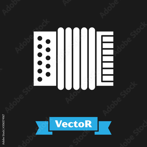 White Musical instrument accordion icon isolated on black background. Classical bayan, harmonic. Vector Illustration