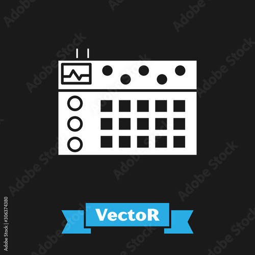 White Drum machine icon isolated on black background. Musical equipment. Vector Illustration