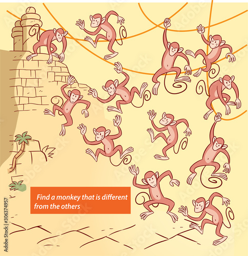 The illustration shows a puzzle where you need to find a monkey that is different from all others