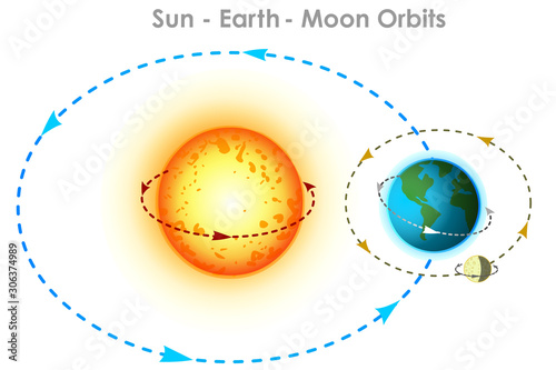 Orbits. Sun earth, moon orbits. Orbit movements with directions and angles. Elliptical arrows showing trajectory directions. Physics, astronomy illustration. White background. Vector graphic