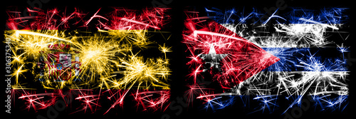 Spanish vs Cuba, Cuban New Year celebration sparkling fireworks flags concept background. Combination of two abstract states flags. © Vlad