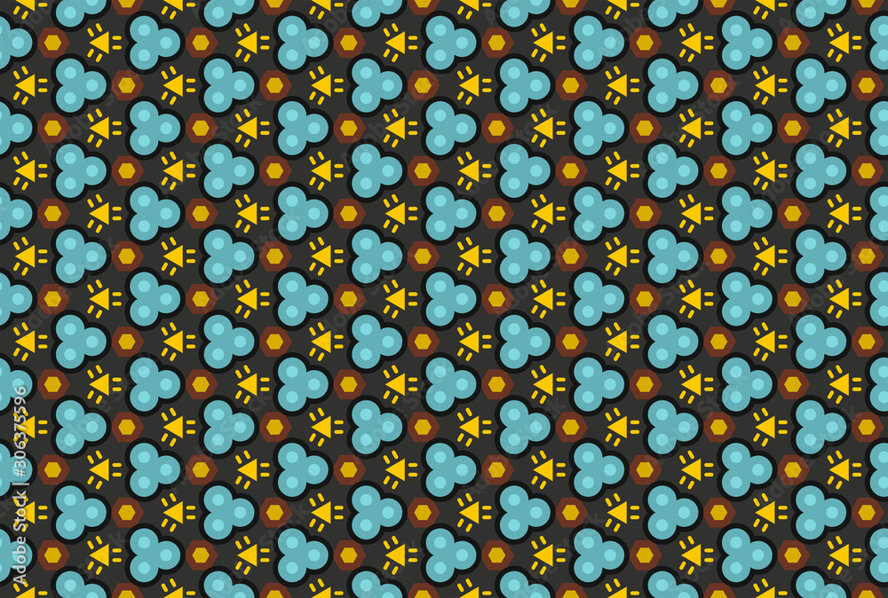 Seamless geometric pattern design illustration. In grey, black, blue, yellow, brown colors.