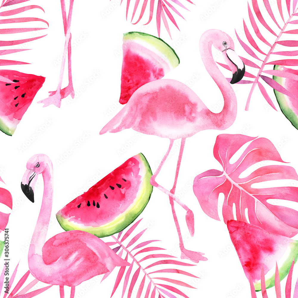 Obraz premium Tropical seamless pattern with flamingo, watermelon, palm leaves on an isolated white background, watercolor tropic drawing, tropic green texture. stock illustration.