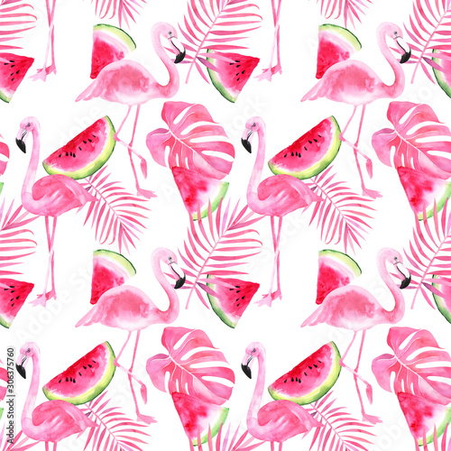Tropical seamless pattern with flamingo, watermelon, palm leaves on an isolated white background, watercolor tropic drawing, tropic green texture. stock illustration.