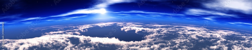 Heaven, panorama of the cloud, flying in the clouds, the earth from orbit. 3d rendering. - obrazy, fototapety, plakaty 