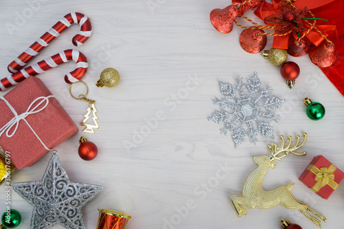 Christmas holidays composition on white wooden background with Christmas decoration and copy space for your text.