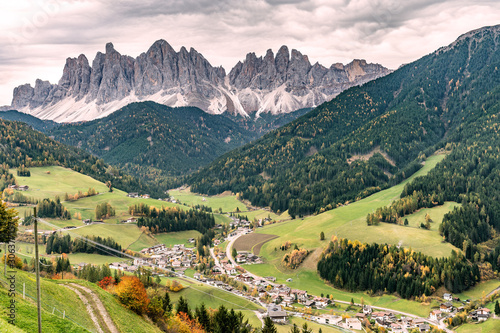 Overlooking the village of Santa Maddalena and the Villnoess valley with the Geisler massif in the background