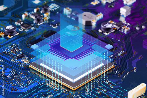 Illustration of electronic motherboard and isometric processor and microchip photo