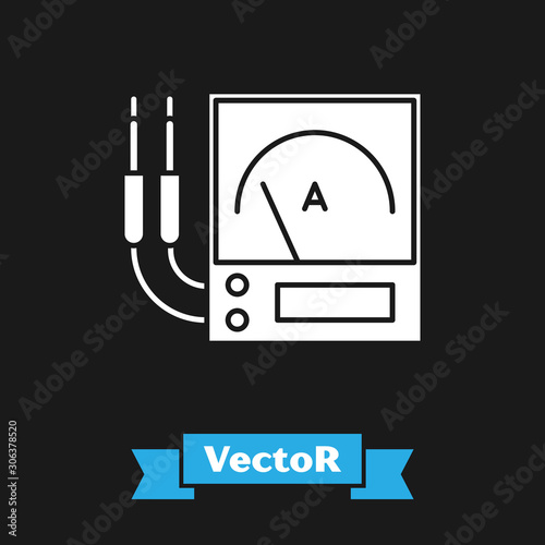 White Ampere meter, multimeter, voltmeter icon isolated on black background. Instruments for measurement of electric current. Vector Illustration