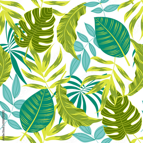 Tropical seamless pattern with colorful plants. Floral seamless vector tropical pattern background with exotic leaves, jungle leaf. Exotic wallpaper, Hawaiian style. Seamless vector texture.