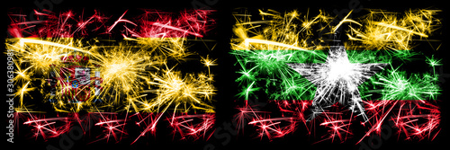 Spanish vs Myanmar New Year celebration sparkling fireworks flags concept background. Combination of two abstract states flags.