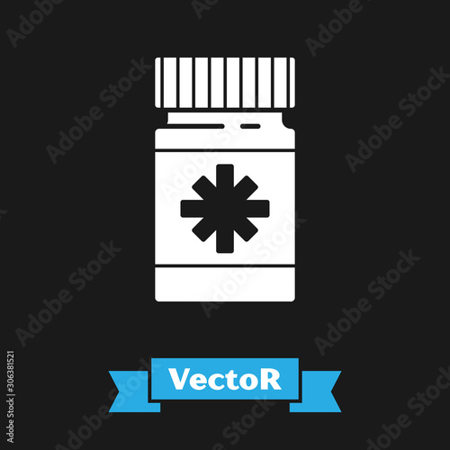 White Dog medicine bottle and pills icon isolated on black background. Container with pills. Prescription medicine for animal. Vector Illustration