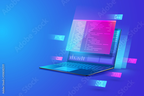 Software development programming, program coding, processing of programming languages on laptop concept. web development and data processing Isometric vector illustration.