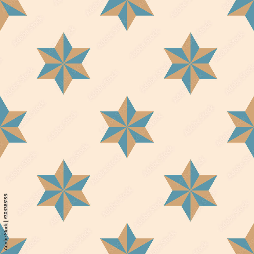Obraz premium Abstract stars geometric seamless pattern. Ornamental geometrical background. Mosaic, tail. Wrapping paper. Vector illustration. 