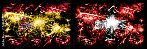 Spanish vs Switzerland, Swiss New Year celebration sparkling fireworks flags concept background. Combination of two abstract states flags. © Vlad
