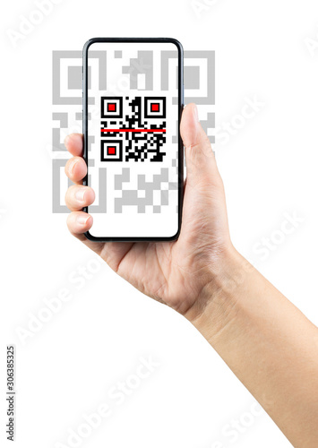 Scanning QR code with mobile smart phone. Isolated on white background. Qr code payment, E wallet , cashless technology concept.