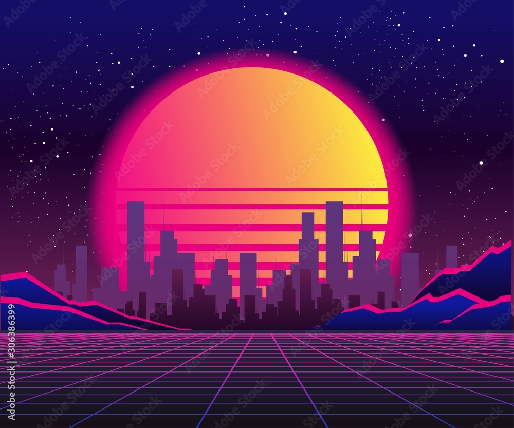 Retro 80s wave space, 1980s retro futuristic style background, digital landscape in the cyber world. For use as a cover for a music album. Suitable for any 80s style print design.