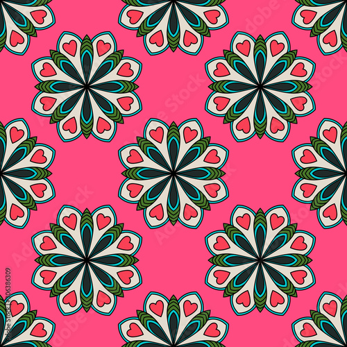 Abstract seamless pattern with mandala flower. Mosaic  tile. Floral background. Vector illustration.    