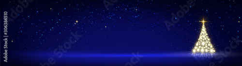 Christmas tree with lights isolated on blue star sky background.