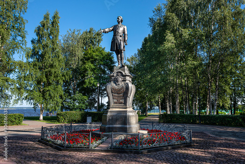 Russia, Karelia, Petrozavodsk: Peter I Monument in a public park with green trees near Lake Onega in the city center of the Russian town - travel fame famous memorial remembrance.