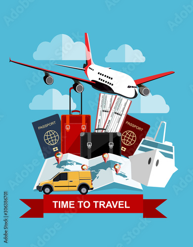 Travel and tourism concept. Air tickets, passports and travel suitcase, world map, civilian plane, car and ship. Tourism and planning, vector illustration. Travel Concept.