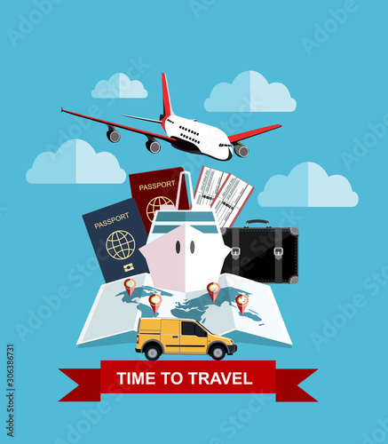 Travel and tourism concept. Air tickets, passports and travel suitcase, world map, civilian plane, car and ship. Tourism and planning, vector illustration. Travel Concept.