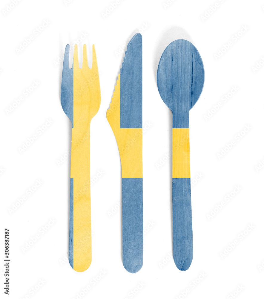 Eco friendly wooden cutlery - Plastic free concept - Flag of Sweden Eco friendly wooden cutlery - Plastic free concept - Flag of Sweden