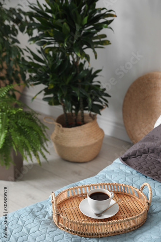 Cup of coffee on bed in room decorated with green plants. Home design ideas