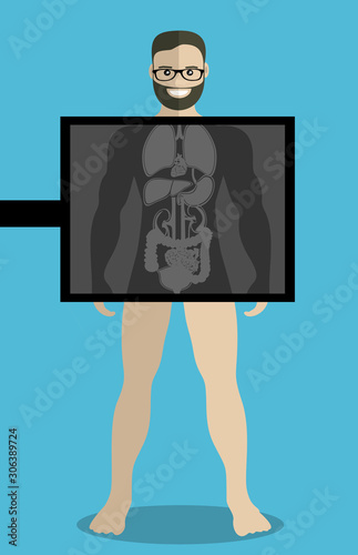 Young hipster patient with the beard during chest x ray procedure. Young man with x ray screen showing his internal organs. Vector flat design illustration. Square layout.