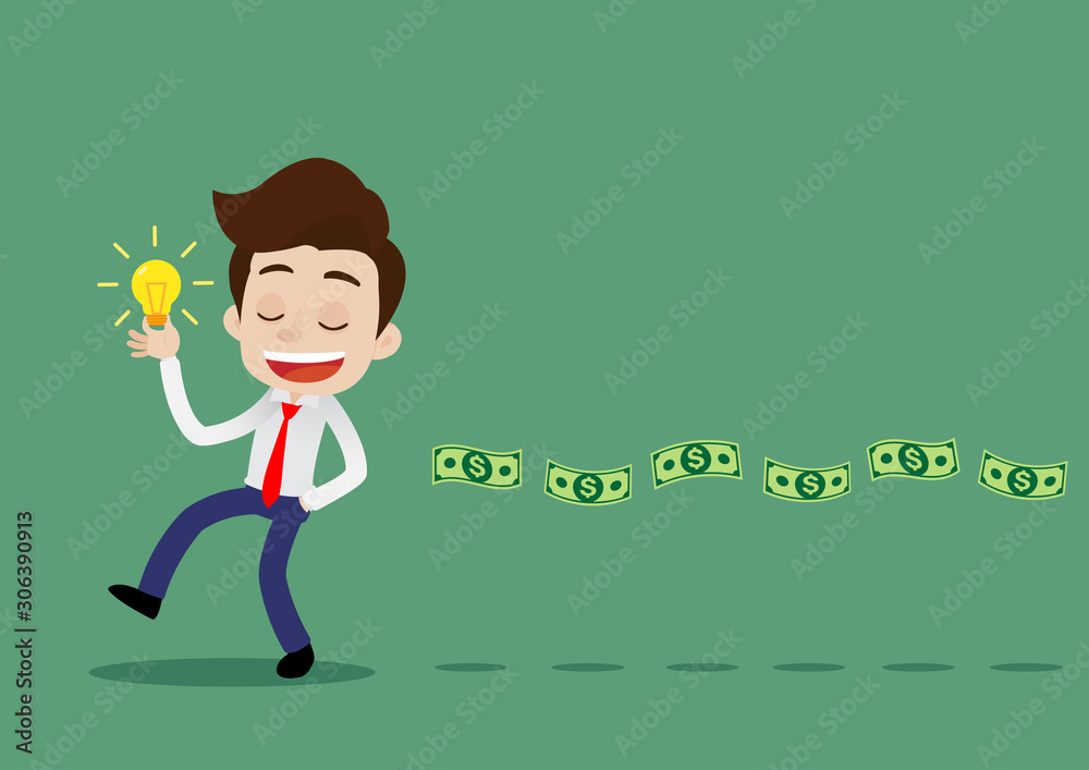 There is good idea. Money will follow concept, Young businessman is walking holding a light bulb idea and having money floating behind There is good idea. Money will follow concept, Young businessman is walking holding a light bulb idea and having money floating behind