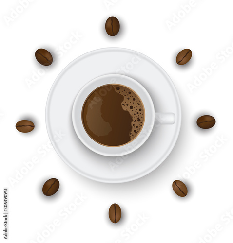 White coffee cup and coffee beans surround