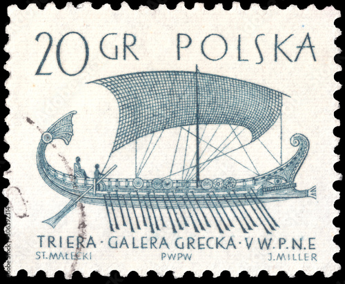 A stamp printed in Poland shows chip XIV century Hanse kogge, Greek trireme, Phoenician merchant ship,the series Sailing Ships