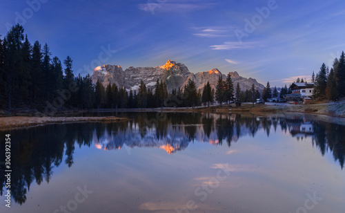 Beautiful Lake Antorno in the Italian Dolomites with reflection of Tre Cime mountain © Roman Bjuty