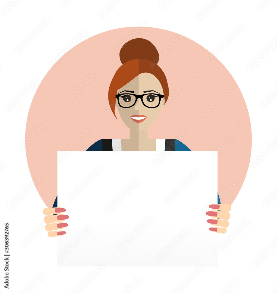 Business woman hold Placard in hands. Illustration flat design style Business woman hold Placard in hands. Illustration flat design style