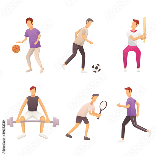 Sports person icon set with basketball football baseball weightlifting tennis running man vector illustration