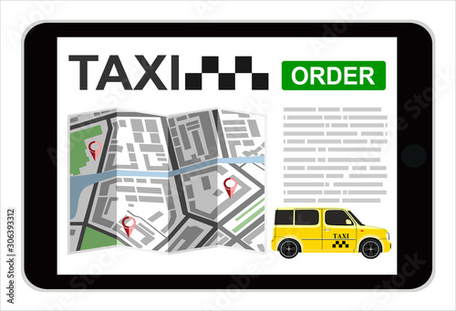 Booking taxi via mobile app. Vector flat illustration.
