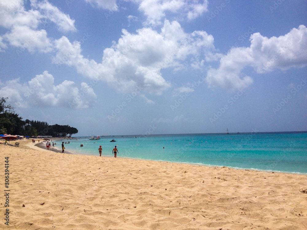 People walking on the beach in a Barbados Caribbean beach