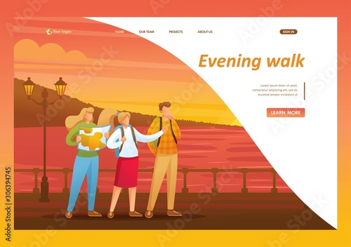 Evening walk of tourists along the beautiful promenade during sunset. Flat 2D character. Landing page concepts and web design