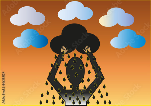 Silueta de una persona cogiendo una nube negra. 