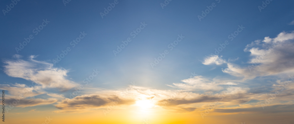 wide panorama of dramatic sunset over cloudy sky